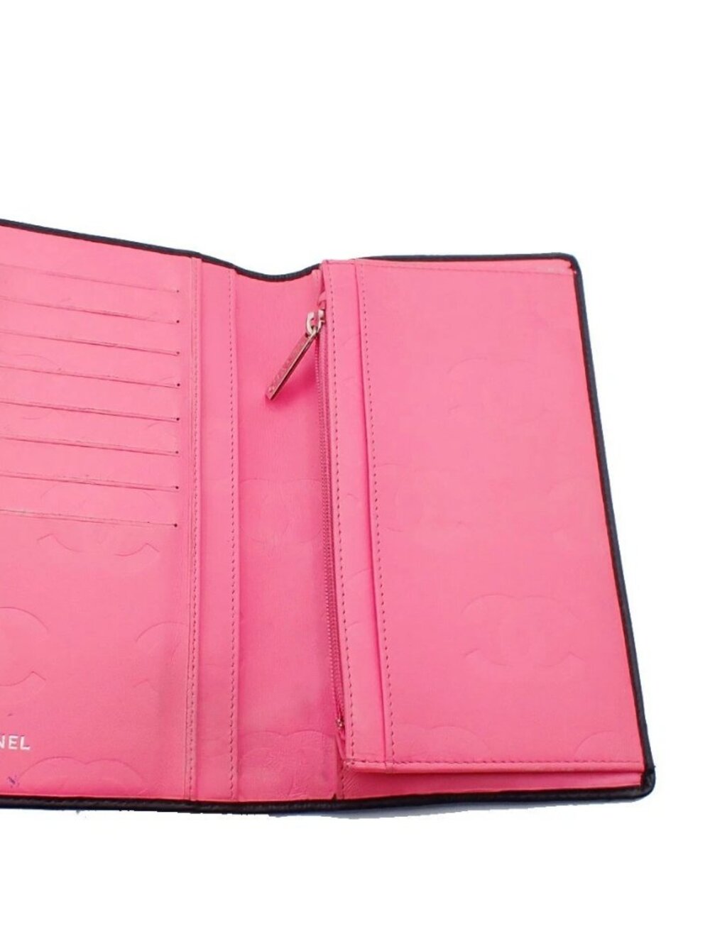 CHANEL CC Logo Cambon Long Bifold Wallet Purse Leather Black Pink Italy 33KC572 - Picture 7 of 14